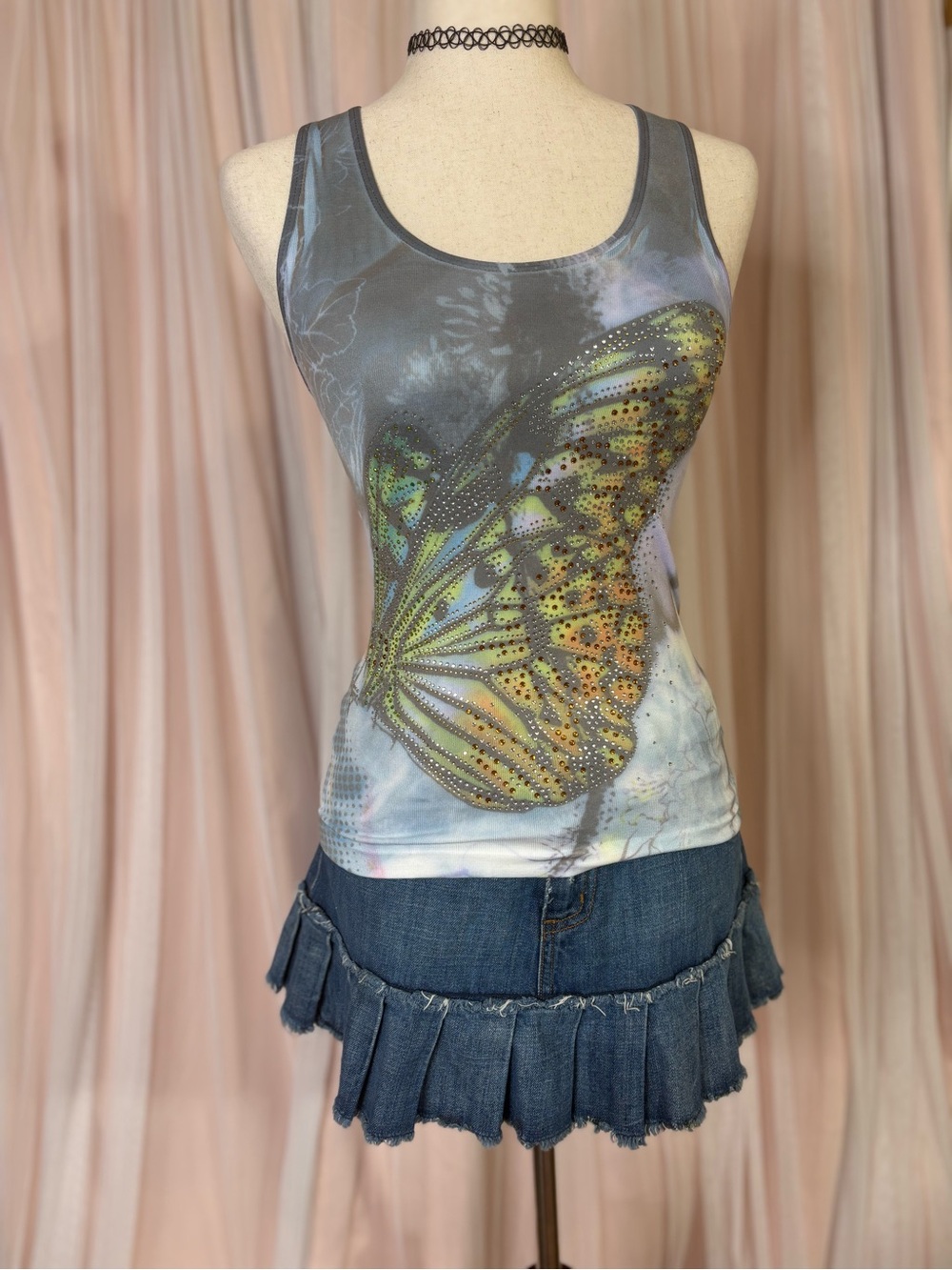Butterfly Rhinestone Tank Top Blue Gray Graphic Y2K Fairy Grunge Medium